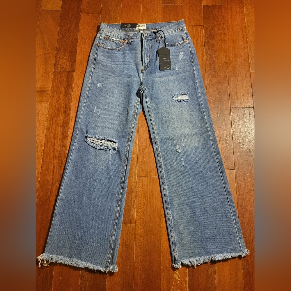 NWT Umgee Womens 26 Culotte Jeans Distressed Wide Leg Crop Raw Hem